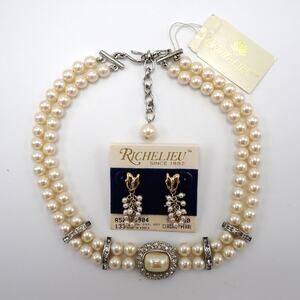 Richelieu Faux Pearl Necklace Earrings Set Rhinestone New With Tags